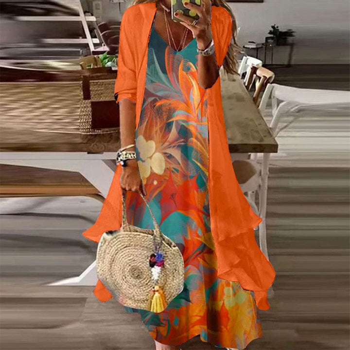 Completo Due Pezzi: Vestito Maxi con Stampa Floreale Giovane e Giacca Leggera