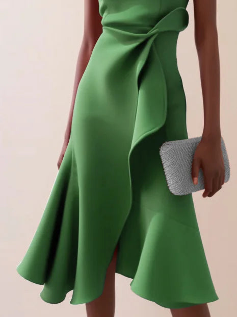 Abito Midi Elegante Senza Maniche con Nodo in Vita