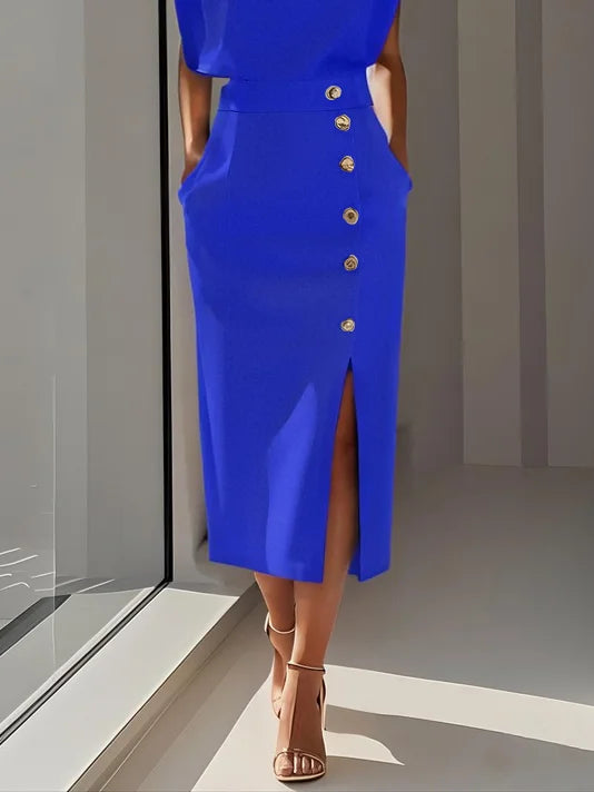 Abito Midi Elegante con Spacco e Bottoni – Girocollo, Vestibilità Attillata