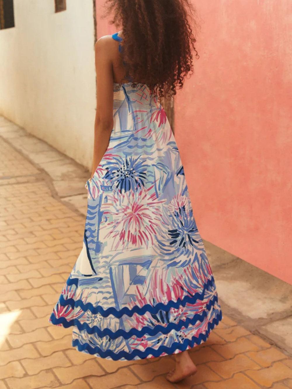 Abito midi A-line con stampa onde floreali e spalline – Colore e stile per la tua estate