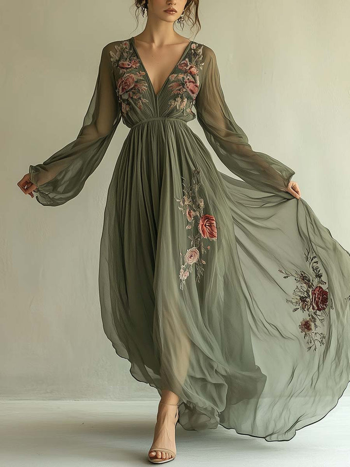 Vestito Maxi con Scollo a V e Stampa Floreale Popolare