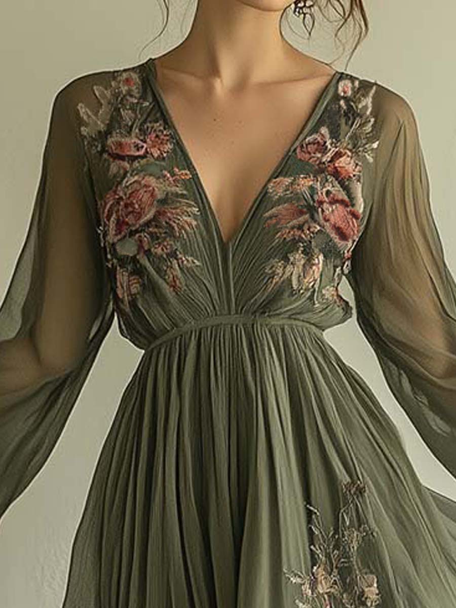 Vestito Maxi con Scollo a V e Stampa Floreale Popolare