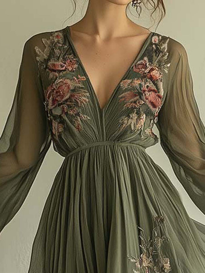 Vestito Maxi con Scollo a V e Stampa Floreale Popolare