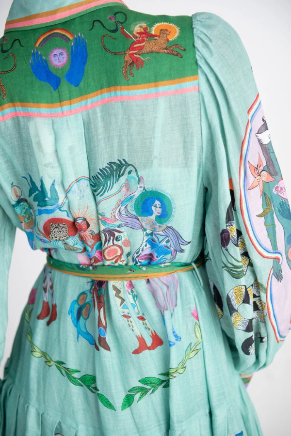 Abito Camicia Midi con Stampa Artistica, Maniche a Palloncino e Cintura in Contrasto