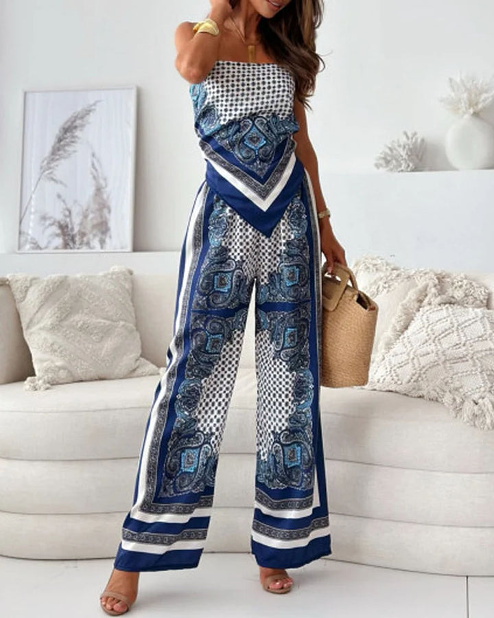 Completo Due Pezzi con Top a Spalline e Pantaloni Stampati