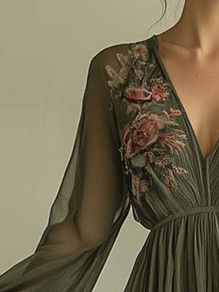 Vestito Maxi con Scollo a V e Stampa Floreale Popolare