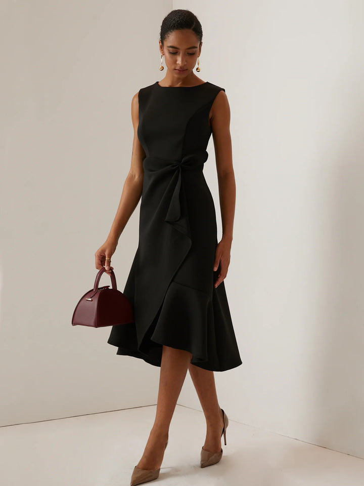 Abito Midi Elegante Senza Maniche con Nodo in Vita