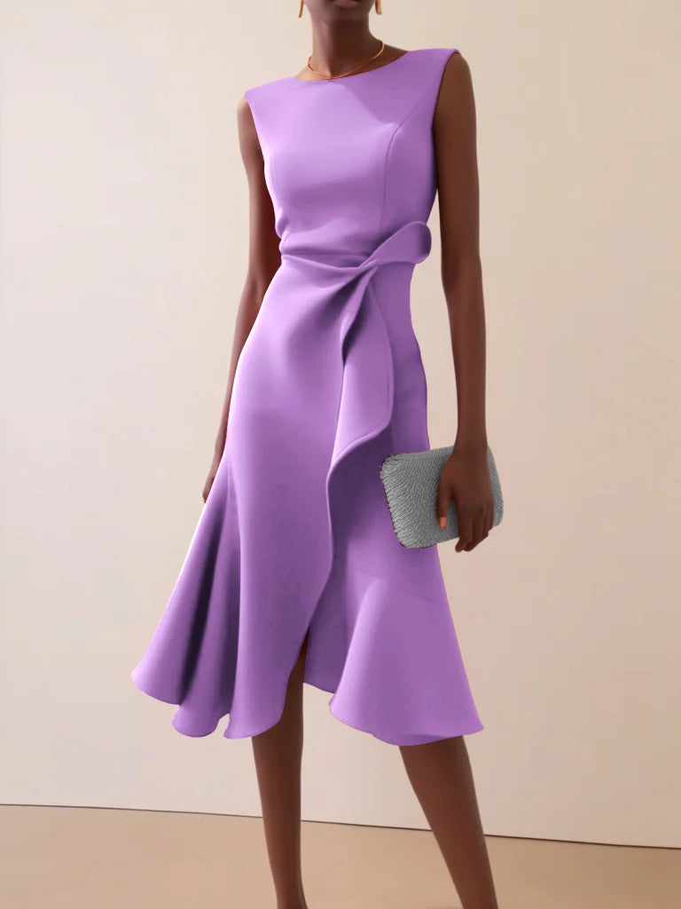 Abito Midi Elegante Senza Maniche con Nodo in Vita