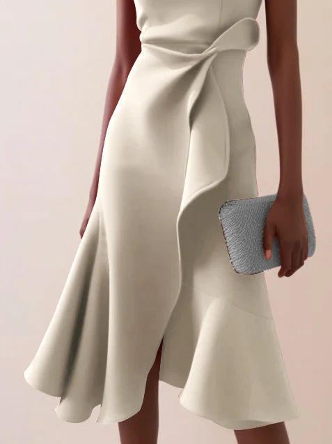 Abito Midi Elegante Senza Maniche con Nodo in Vita