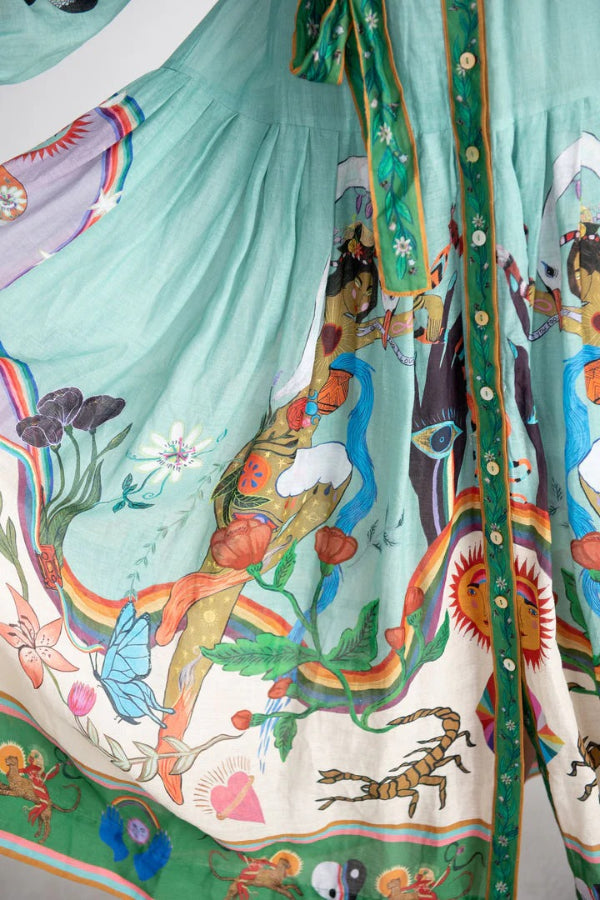 Abito Camicia Midi con Stampa Artistica, Maniche a Palloncino e Cintura in Contrasto