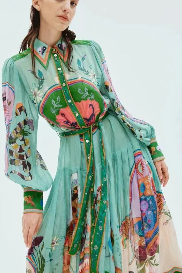 Abito Camicia Midi con Stampa Artistica, Maniche a Palloncino e Cintura in Contrasto