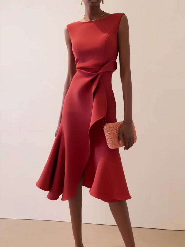 Abito Midi Elegante Senza Maniche con Nodo in Vita