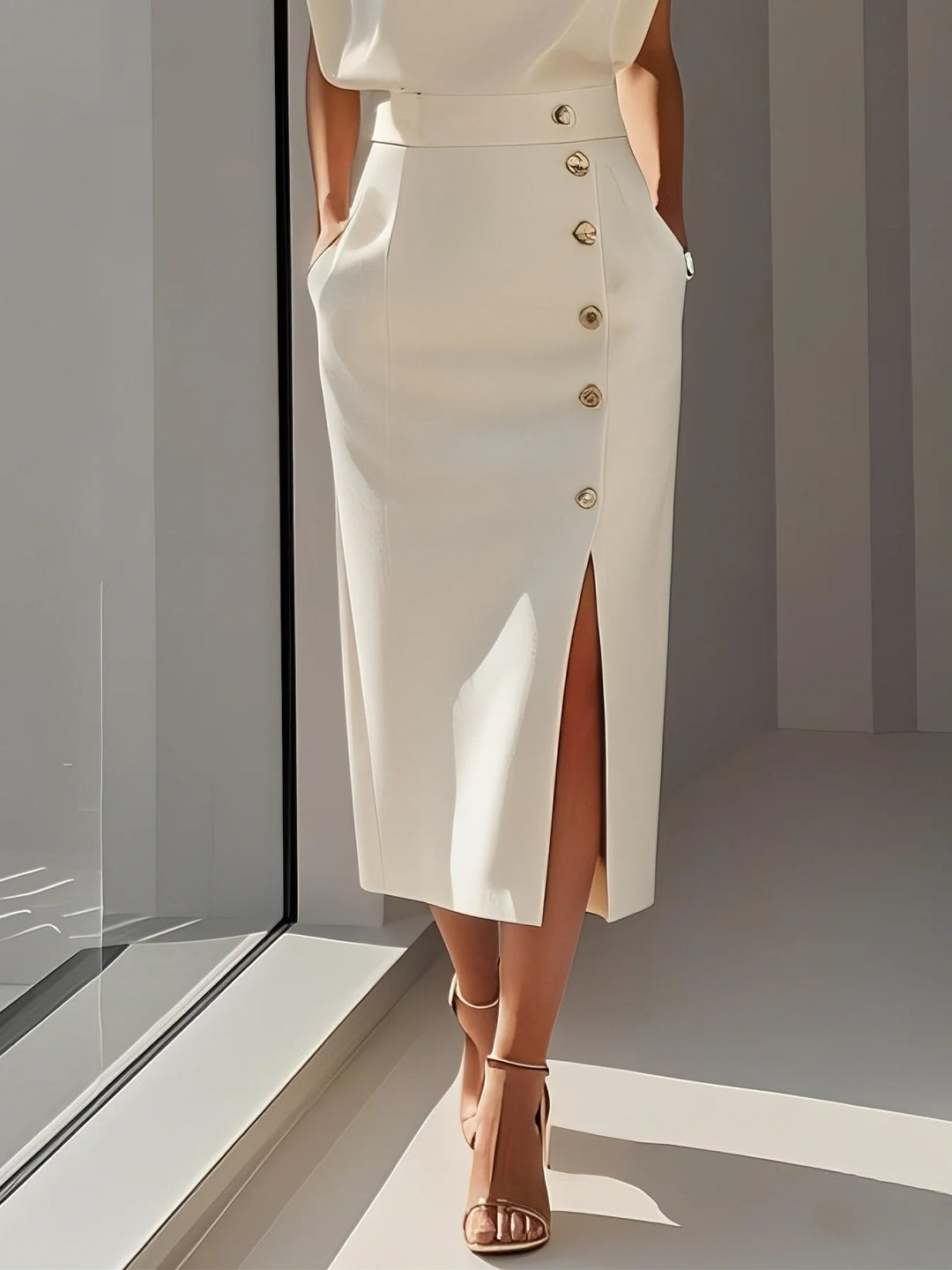 Abito Midi Elegante con Spacco e Bottoni – Girocollo, Vestibilità Attillata