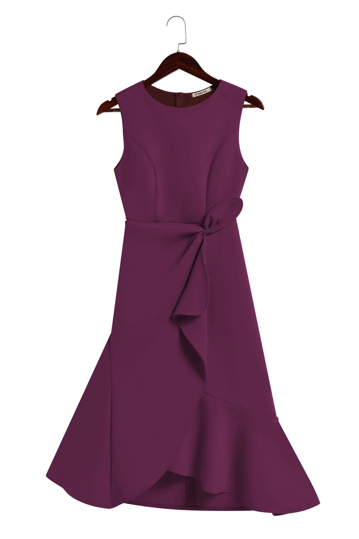 Abito Midi Elegante Senza Maniche con Nodo in Vita