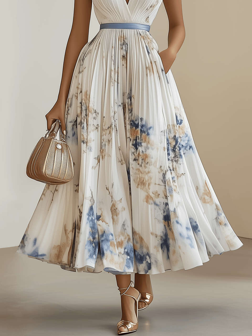 Abito midi plissettato con stampa floreale e scollo a V – Eleganza senza tempo