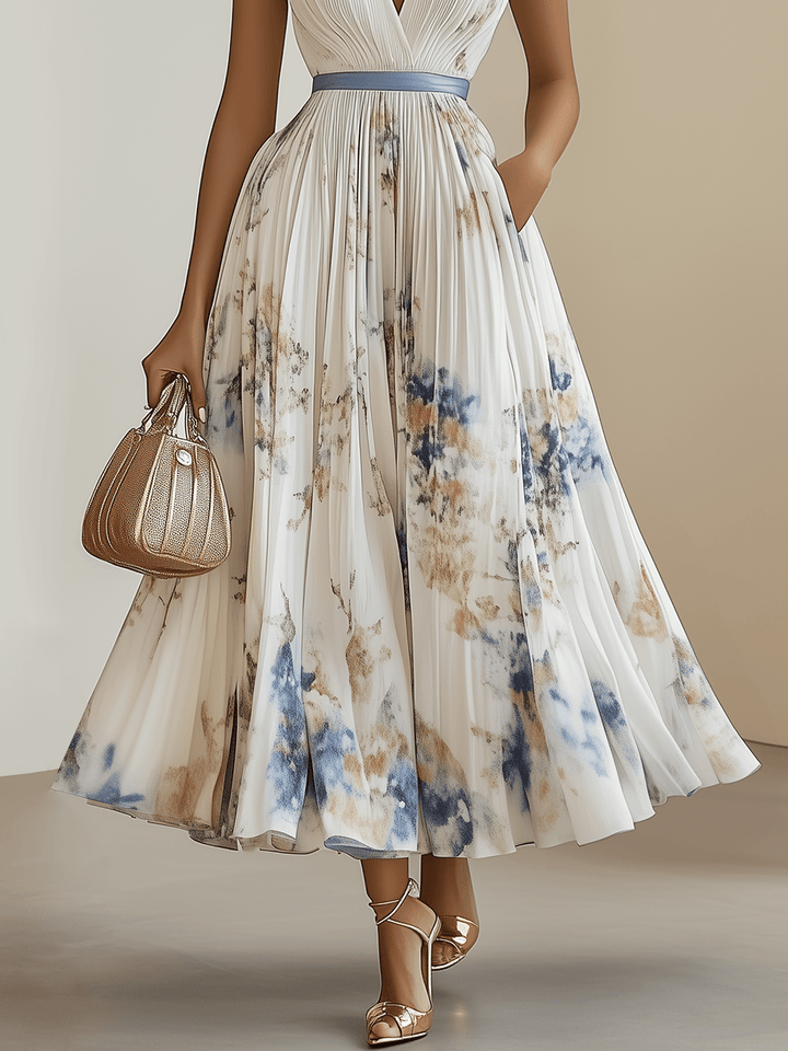 Abito midi plissettato con stampa floreale e scollo a V – Eleganza senza tempo
