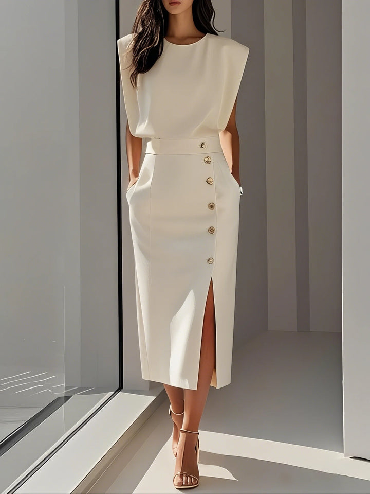 Abito Midi Elegante con Spacco e Bottoni – Girocollo, Vestibilità Attillata