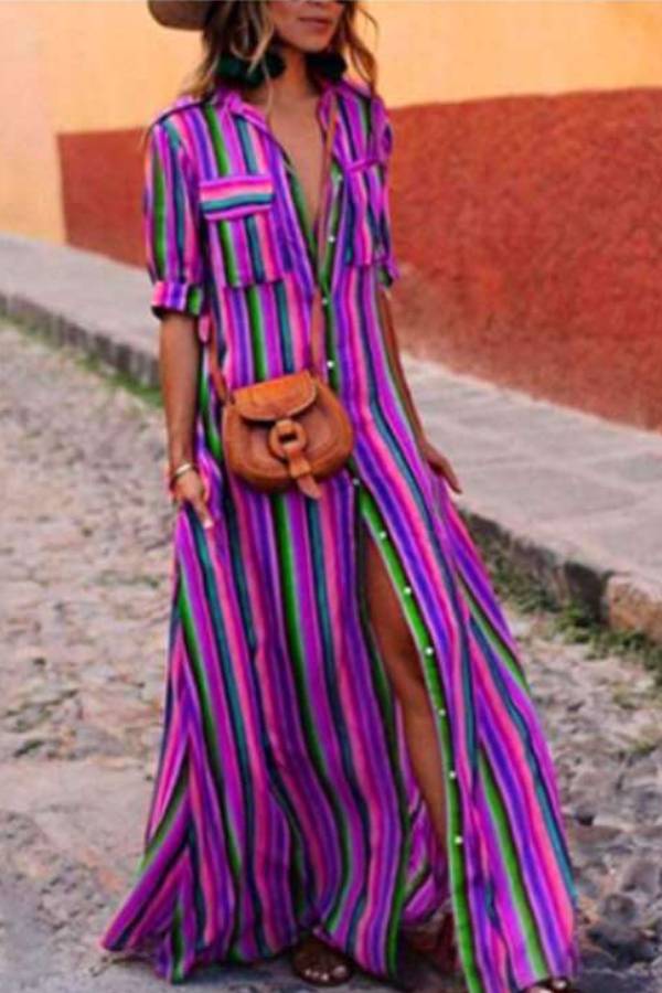 Bohemian – Abito Lungo a Righe Multicolore Stile Boho