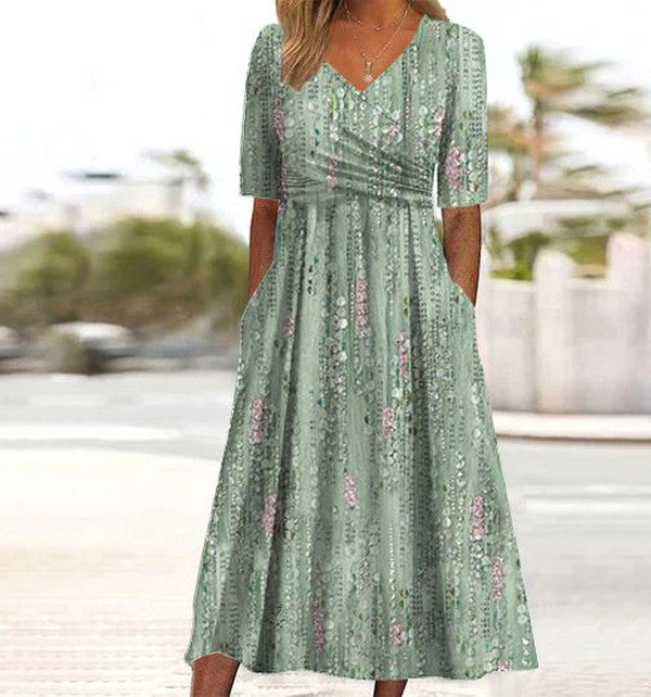 Vestito Midi con Stampa a Tema Piante e Tasche Laterali