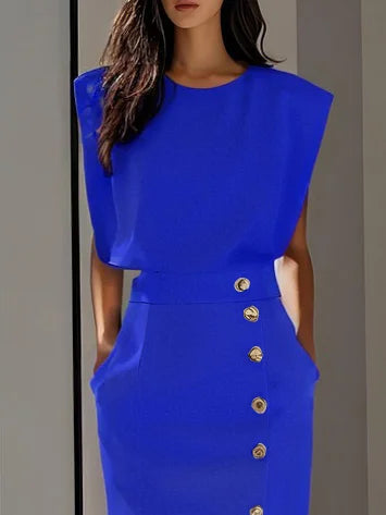 Abito Midi Elegante con Spacco e Bottoni – Girocollo, Vestibilità Attillata