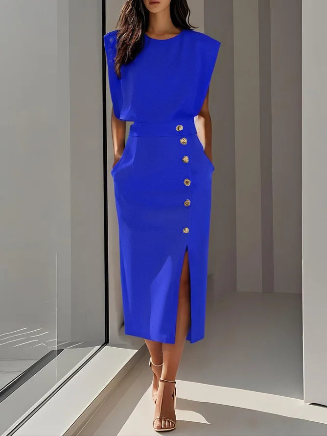 Abito Midi Elegante con Spacco e Bottoni – Girocollo, Vestibilità Attillata