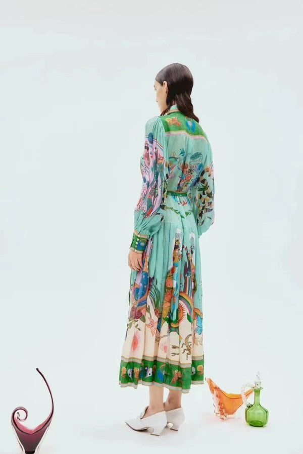 Abito Camicia Midi con Stampa Artistica, Maniche a Palloncino e Cintura in Contrasto