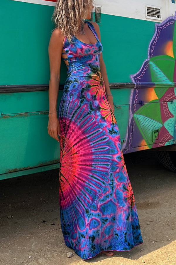 La Bamba – Abito Lungo con Lacci sulla Schiena e Fantasia Tie-Dye (con Reggiseno Integrato)