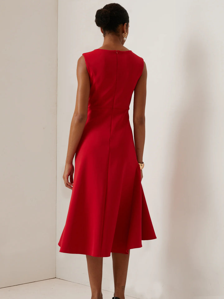 Abito Midi Elegante Senza Maniche con Nodo in Vita