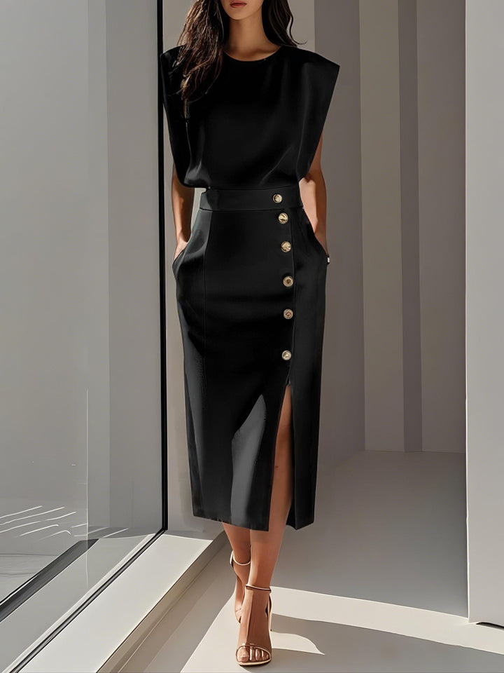 Abito Midi Elegante con Spacco e Bottoni – Girocollo, Vestibilità Attillata