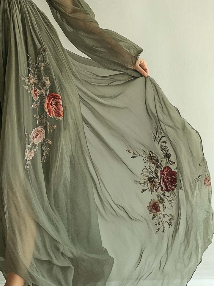 Vestito Maxi con Scollo a V e Stampa Floreale Popolare