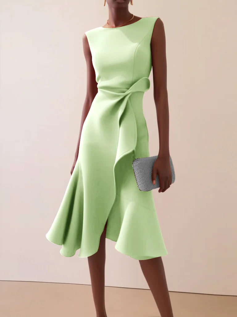 Abito Midi Elegante Senza Maniche con Nodo in Vita
