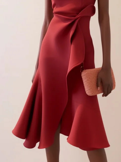 Abito Midi Elegante Senza Maniche con Nodo in Vita