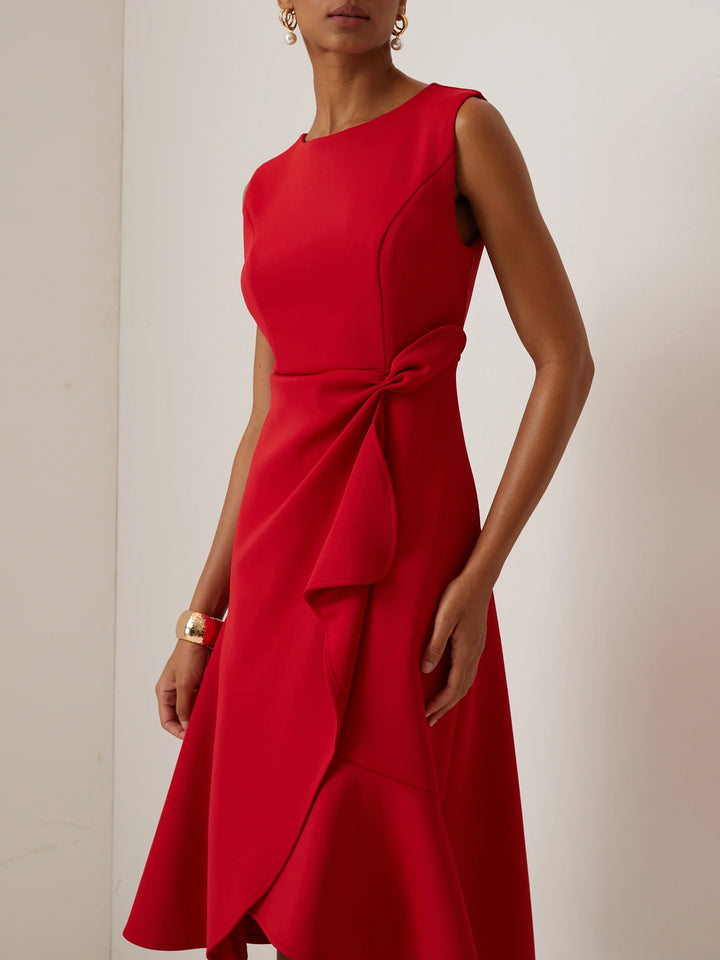 Abito Midi Elegante Senza Maniche con Nodo in Vita