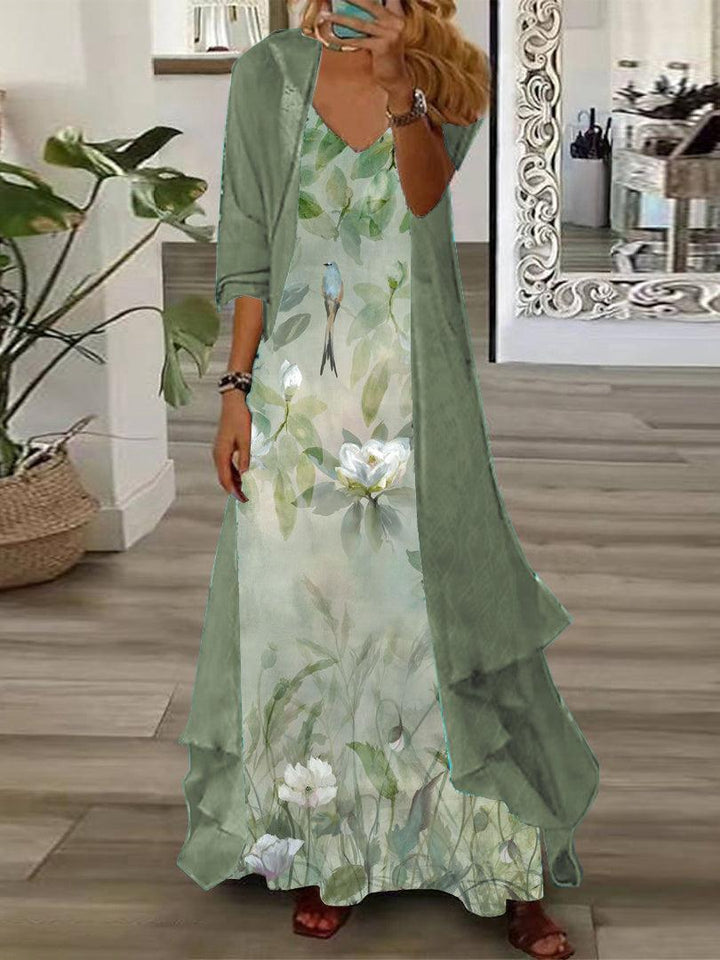 Completo Due Pezzi: Vestito Maxi con Stampa Floreale Giovane e Giacca Leggera