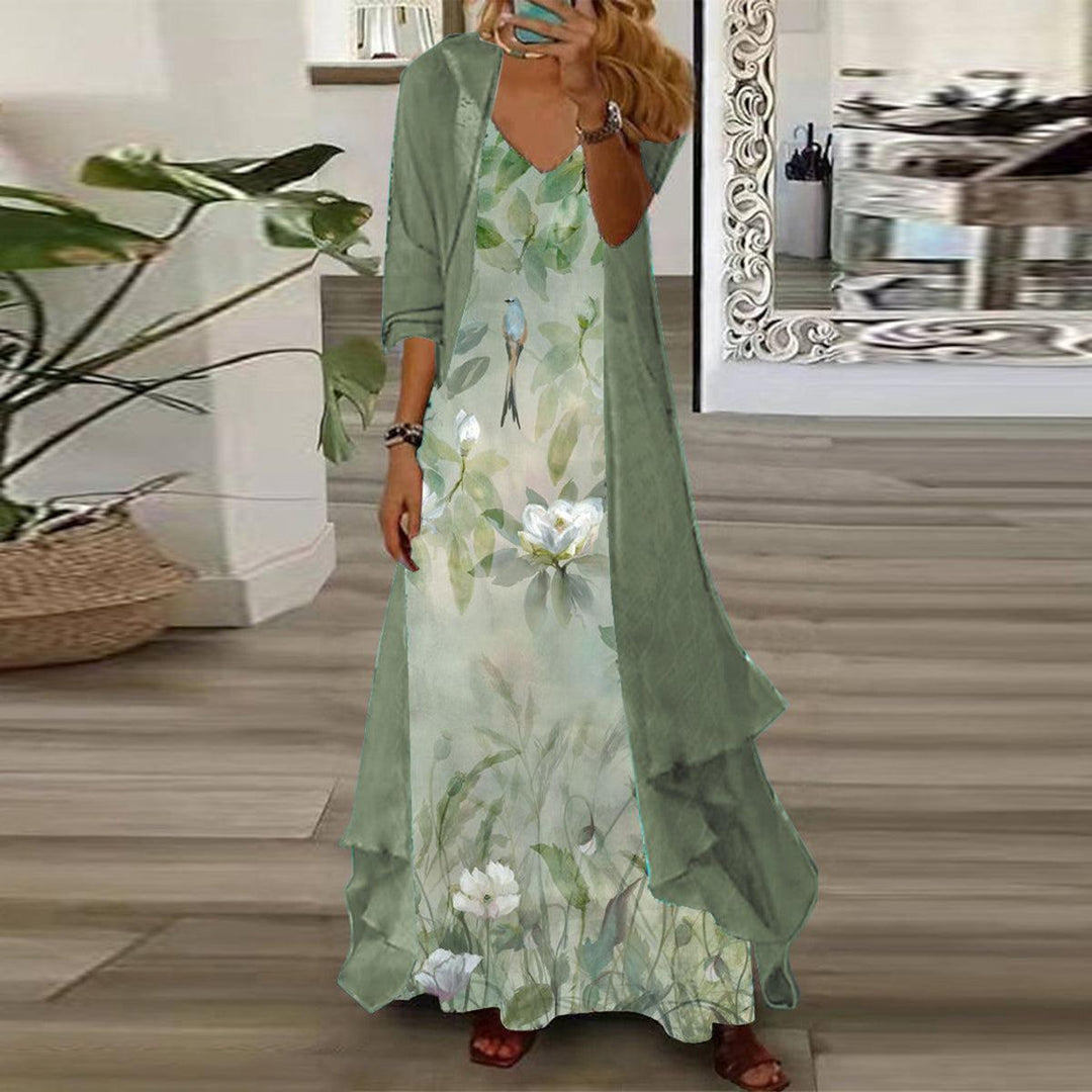 Completo Due Pezzi: Vestito Maxi con Stampa Floreale Giovane e Giacca Leggera