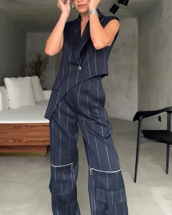 Completo Donna con Gilet Senza Maniche e Pantaloni a Righe