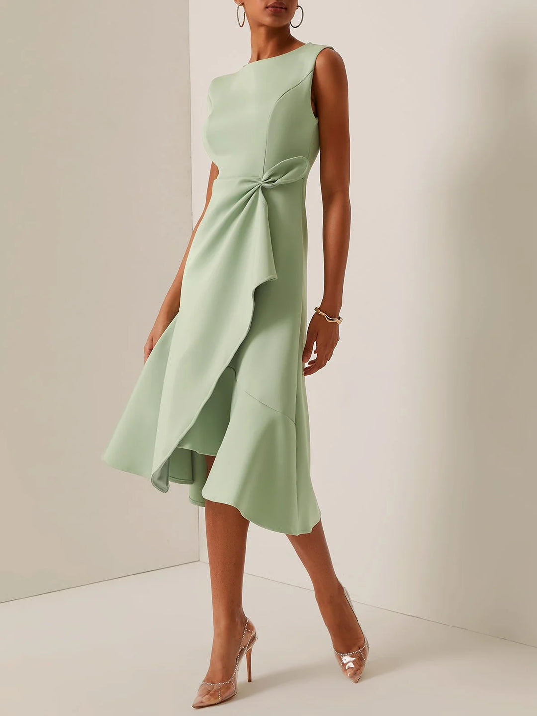 Abito Midi Elegante Senza Maniche con Nodo in Vita