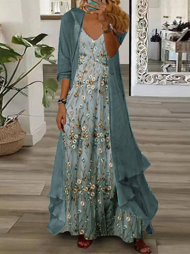 Completo Due Pezzi: Vestito Maxi con Stampa Floreale Giovane e Giacca Leggera
