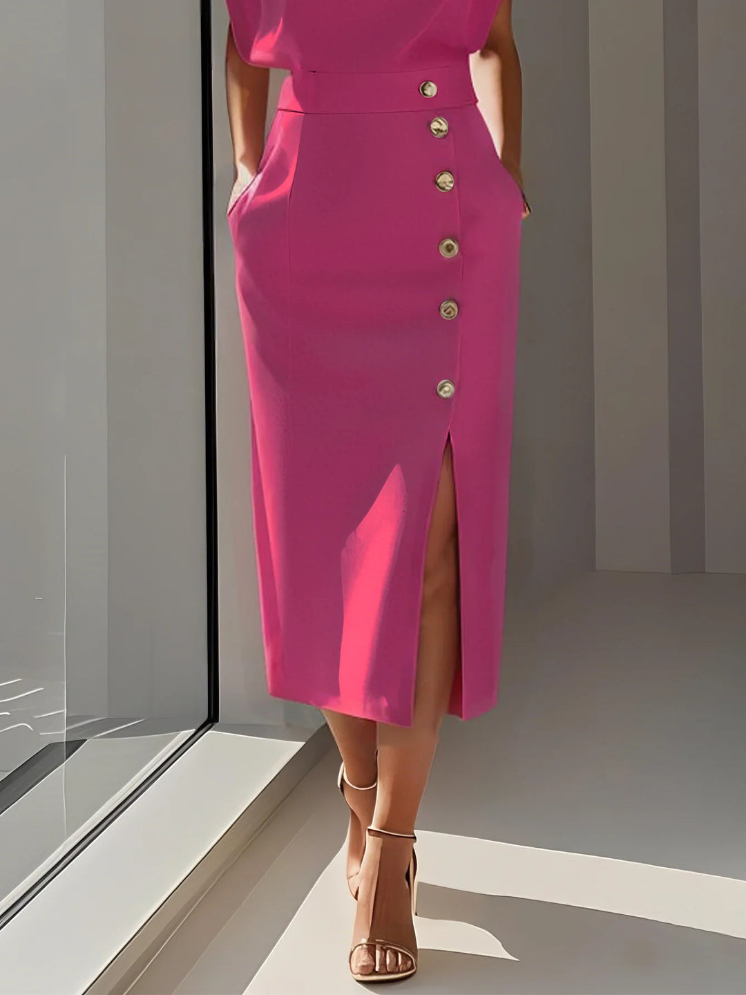 Abito Midi Elegante con Spacco e Bottoni – Girocollo, Vestibilità Attillata