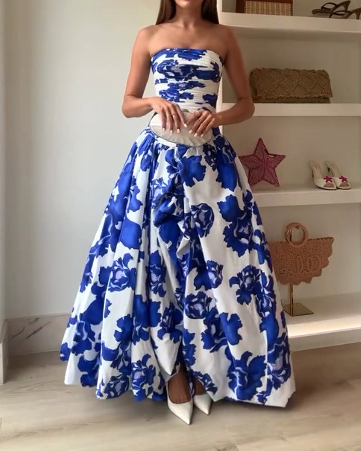 Abito Lungo Senza Spalline con Stampa Floreale – Eleganza Romantica