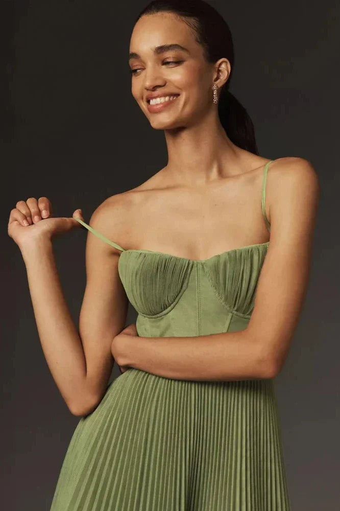 Abito Midi a Pieghe con Corsetto e Scollo a Cuore