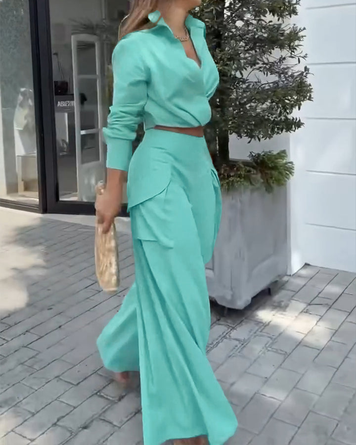 Completo Elegante con Camicia Drappeggiata e Pantaloni Asimmetrici a Gamba Larga