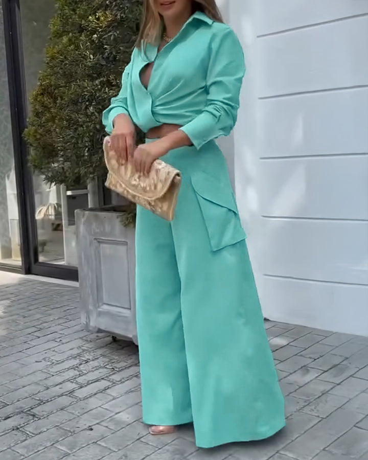 Completo Elegante con Camicia Drappeggiata e Pantaloni Asimmetrici a Gamba Larga