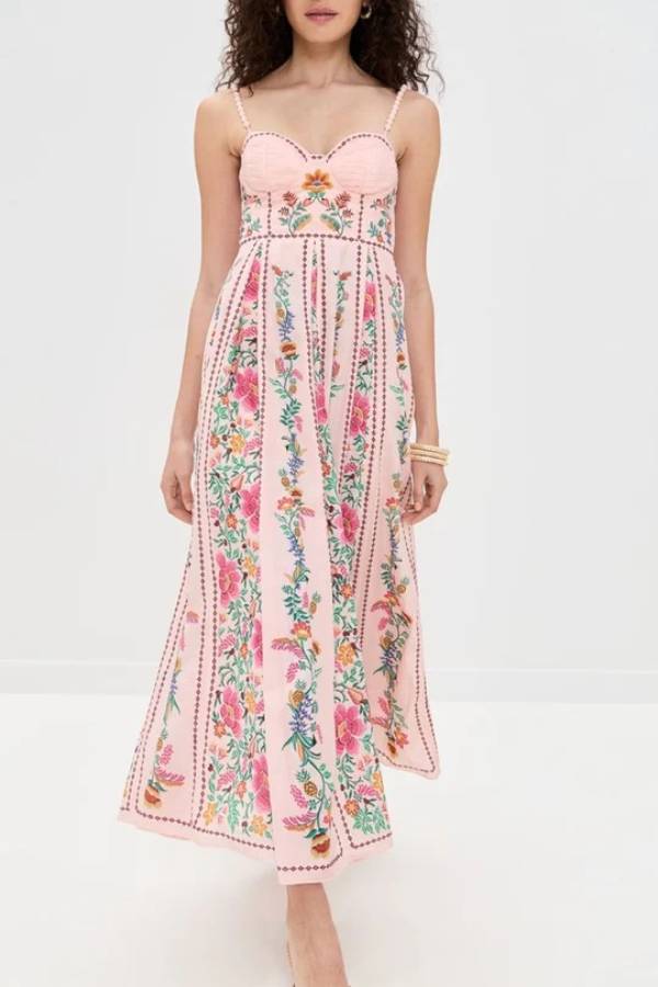 Delicate Forest – Abito Lungo con Scollo a Cuore e Spalline con Perline