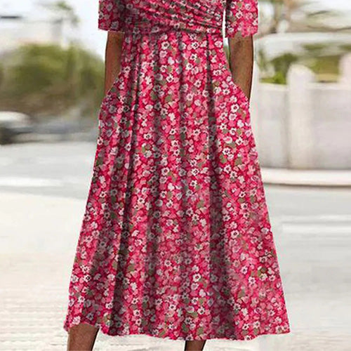 Vestito Midi con Stampa a Tema Piante e Tasche Laterali