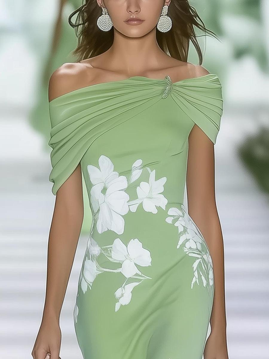 Vestito Maxi con Maniche Corte e Scollo a V