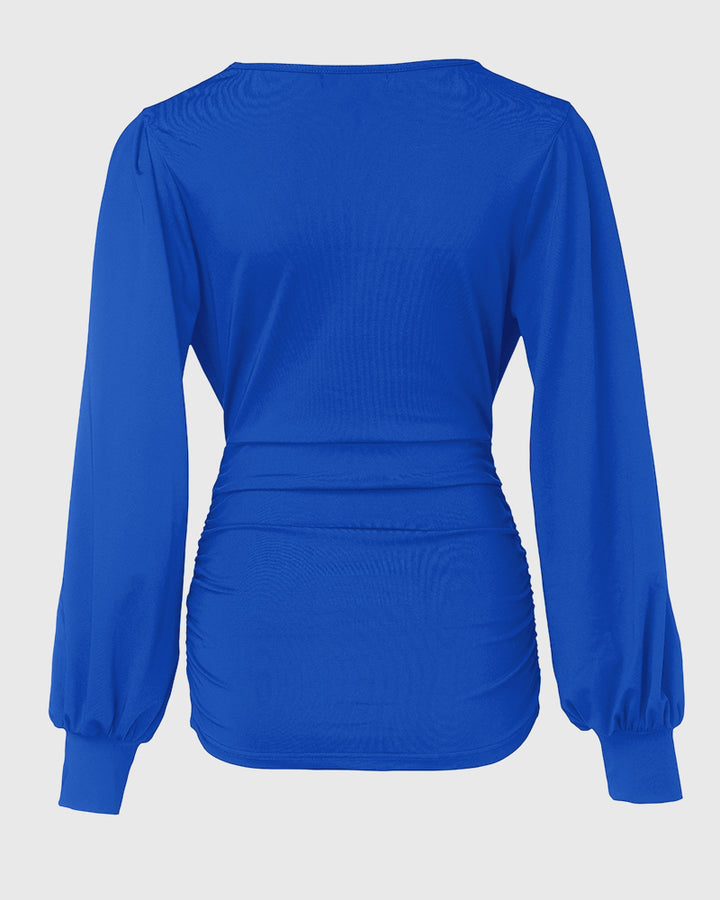 Blusa Elegante con Scollo Profondo, Maniche a Lanterna e Arricciature Laterali