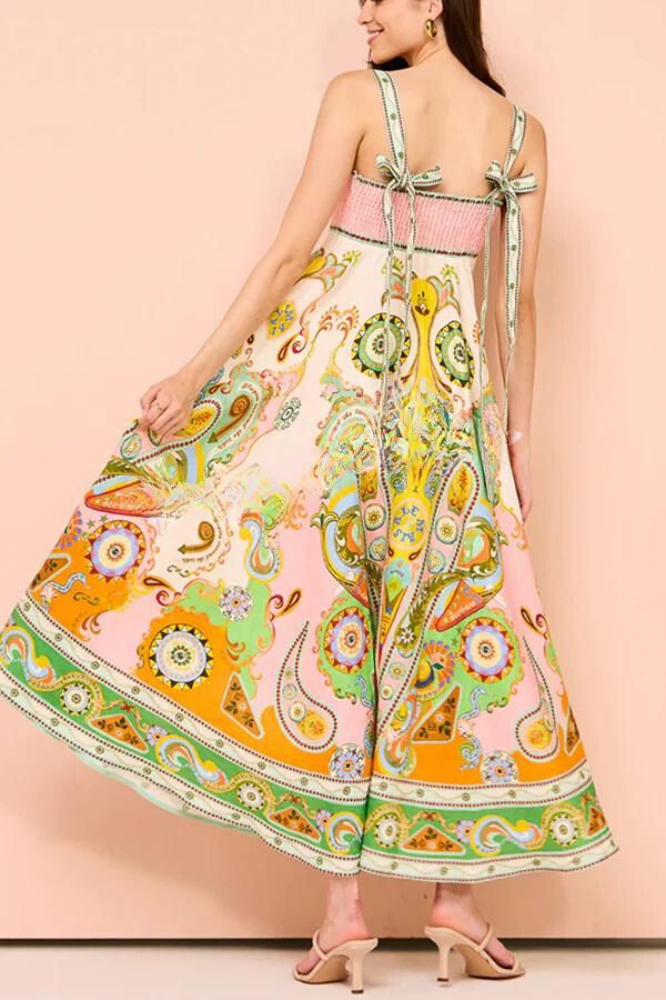 Abito Maxi con Spalline Annodate e Stampa Esclusiva