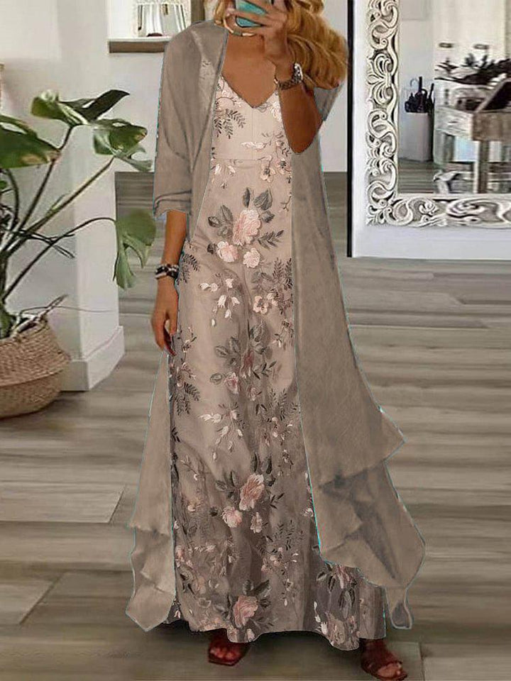 Completo Due Pezzi: Vestito Maxi con Stampa Floreale Giovane e Giacca Leggera