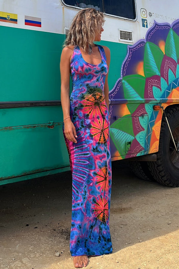La Bamba – Abito Lungo con Lacci sulla Schiena e Fantasia Tie-Dye (con Reggiseno Integrato)